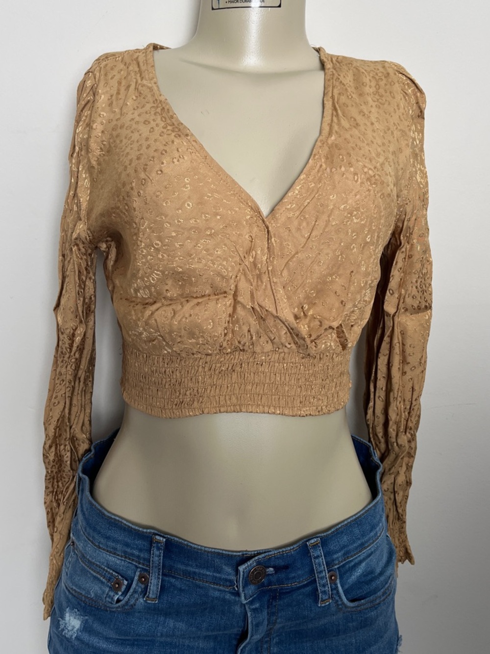 URBAN Romantics Tan Cropped Wrap V-Neck Long Sleeve Top
